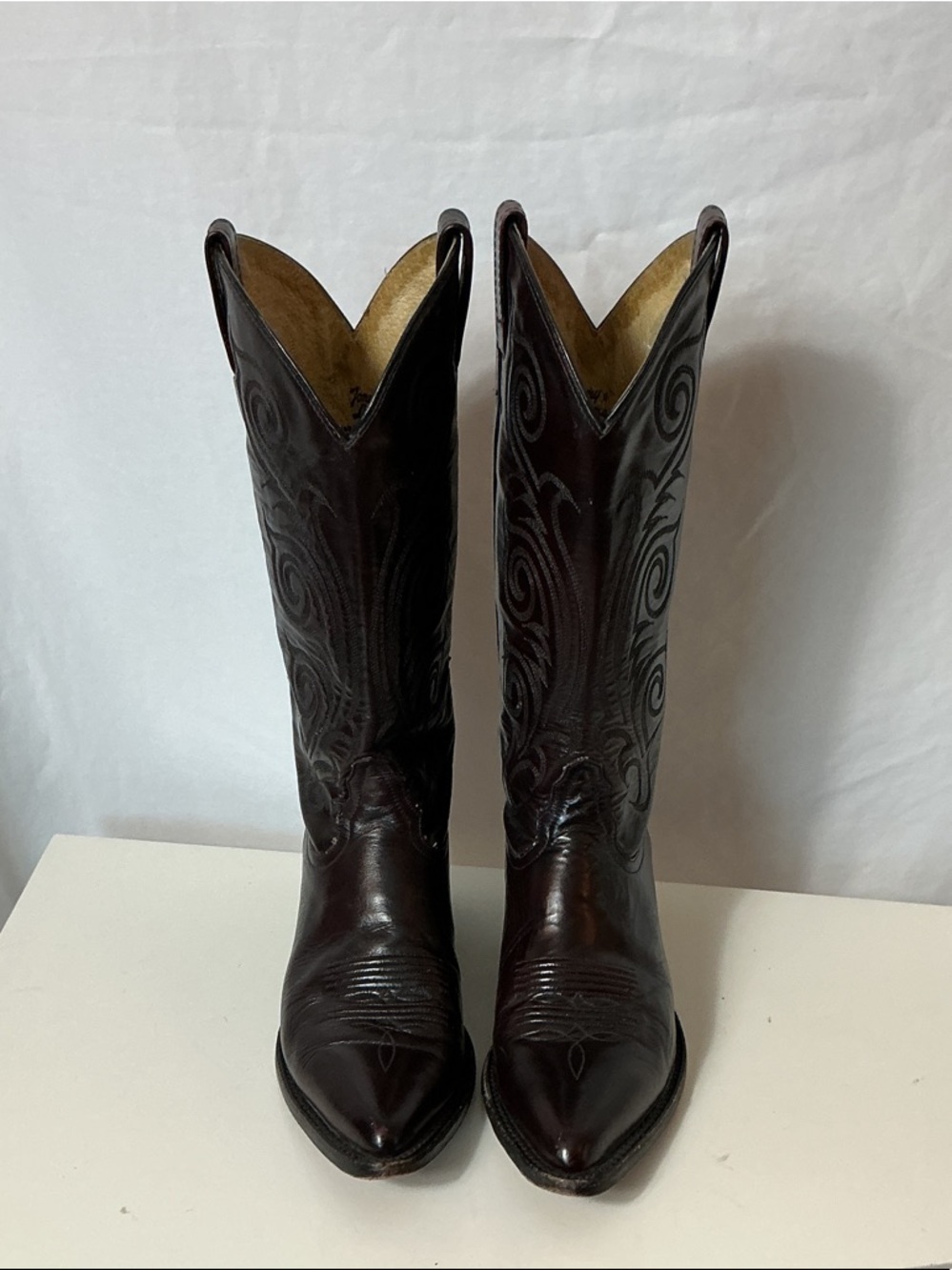 Tony Lama Dark Cherry Brown Leather Pointed Toe Western Boots